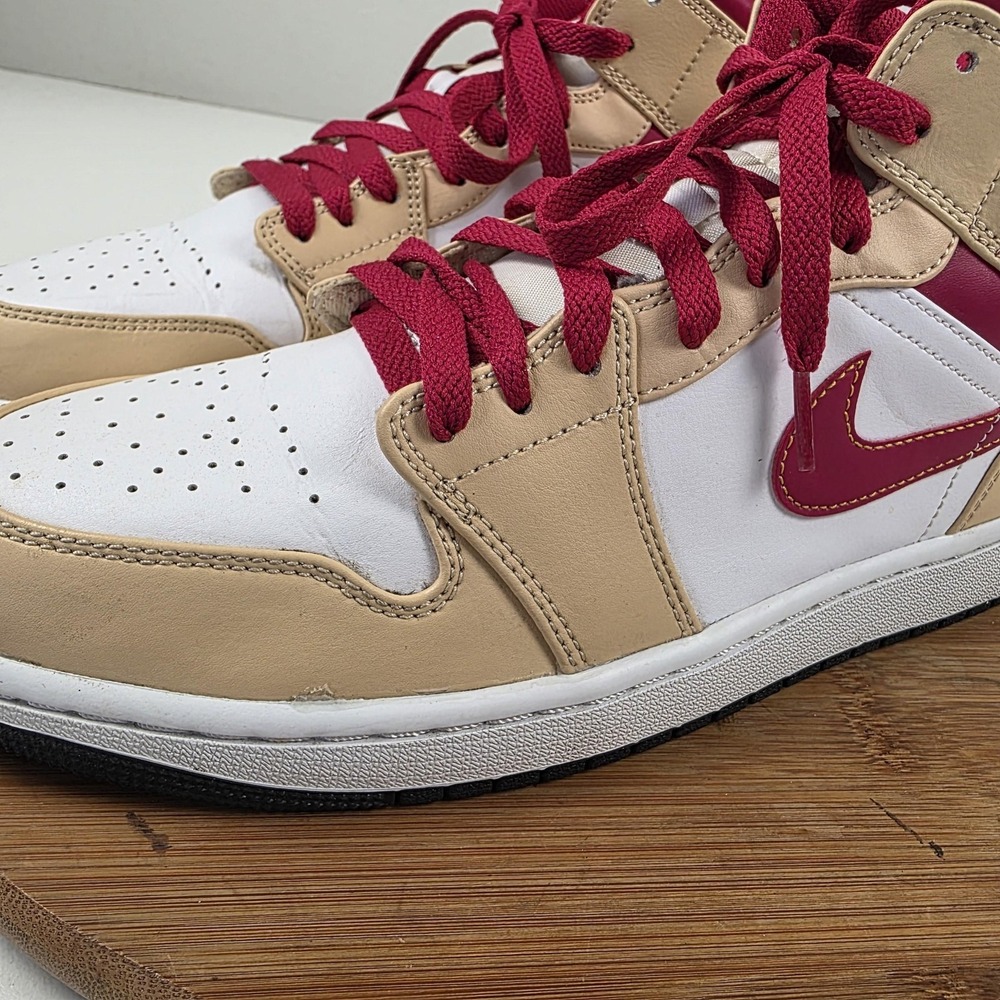 Air Jordan 1 Mid Shoes Mens Size 10.5 Tan Red White Leather Sneakers 554724-201 - Picture 2 of 16